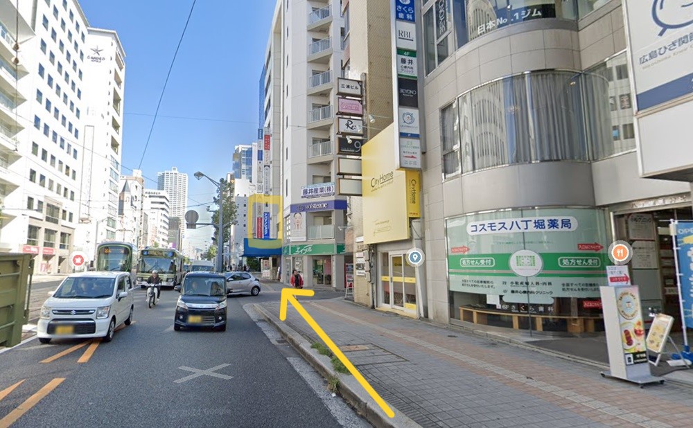 広島電鉄本線「八丁堀駅」から「ABCクリニック広島院」への徒歩での道順